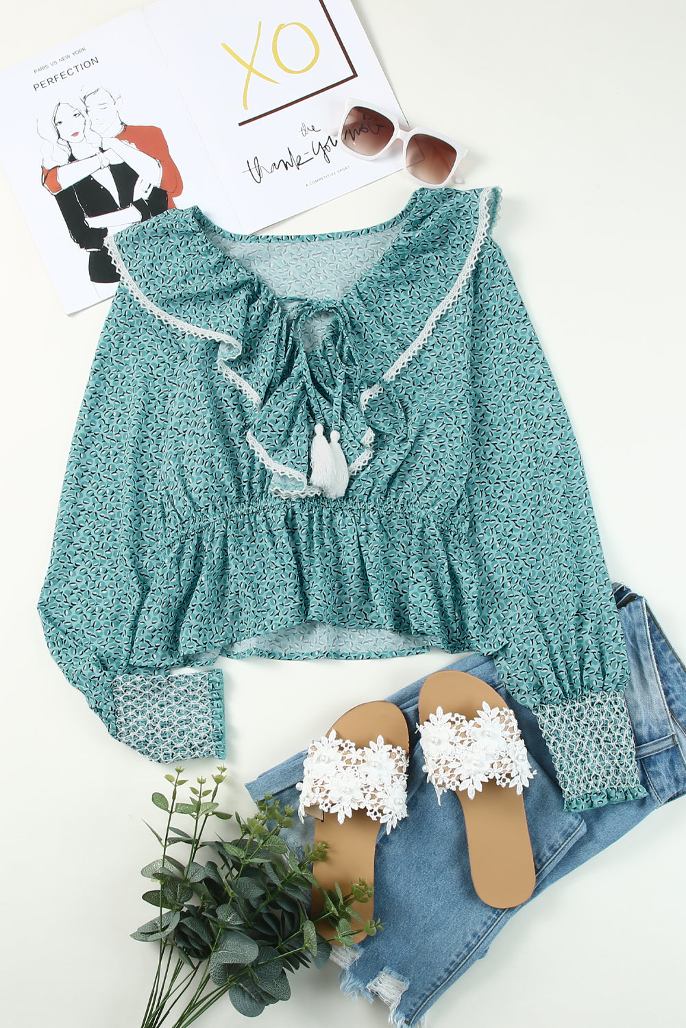 Green Floral Print Flounce V Neck Crop Top