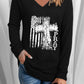 Black PRAY American Flag Cross Print V Neck Top