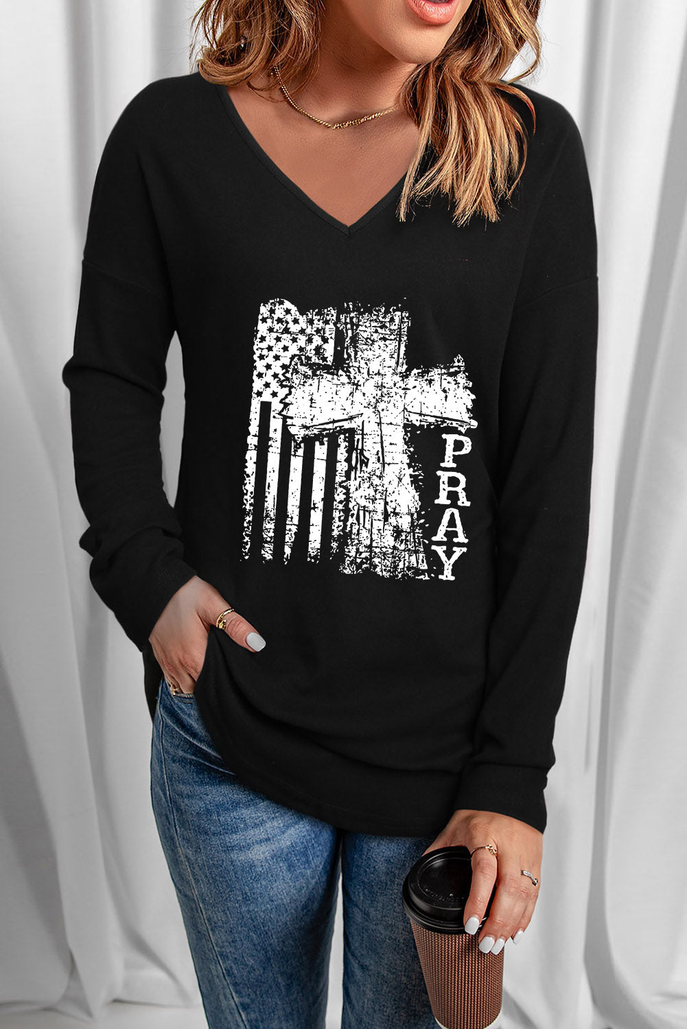 Black PRAY American Flag Cross Print V Neck Top