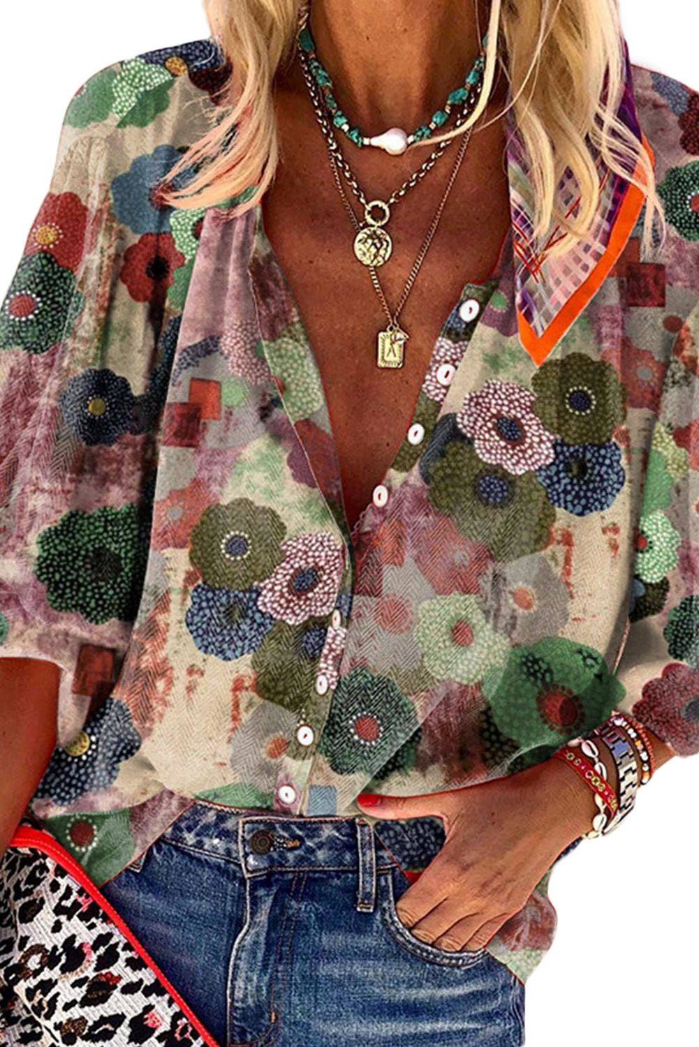Floral V-Neck 3/4 Sleeve Button Down Shirt