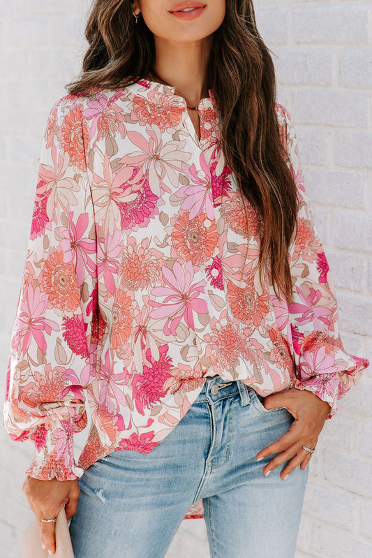 Pink Floral Balloon Sleeves Blouse