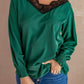 V Neck Lace Patchwork Green Blouse