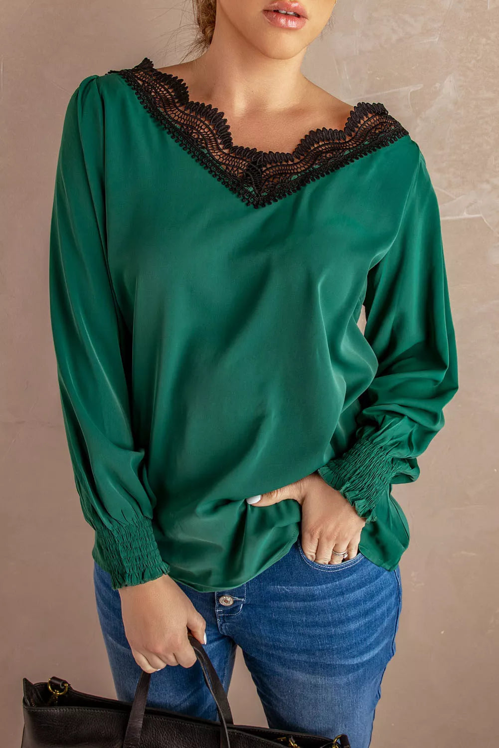 V Neck Lace Patchwork Green Blouse