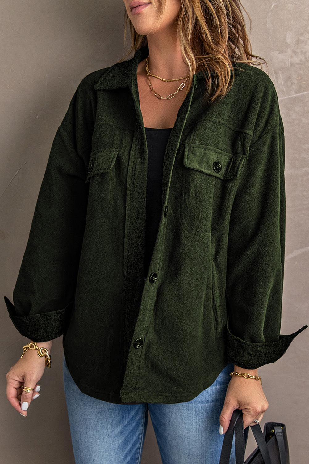 Gray Turn Down Collar Buttoned Shirt Jacket
