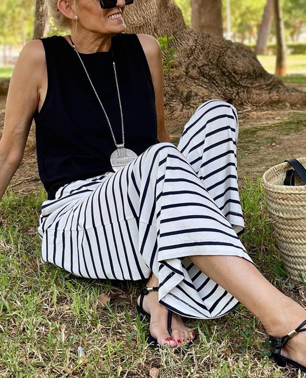 White Drawstring Striped Wide Leg Pants