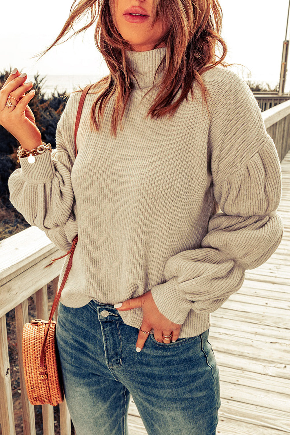 Khaki High Neck Drop Shoulder Rib Knit Sweater