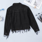 Black Frayed Trim Button Down Denim Jacket