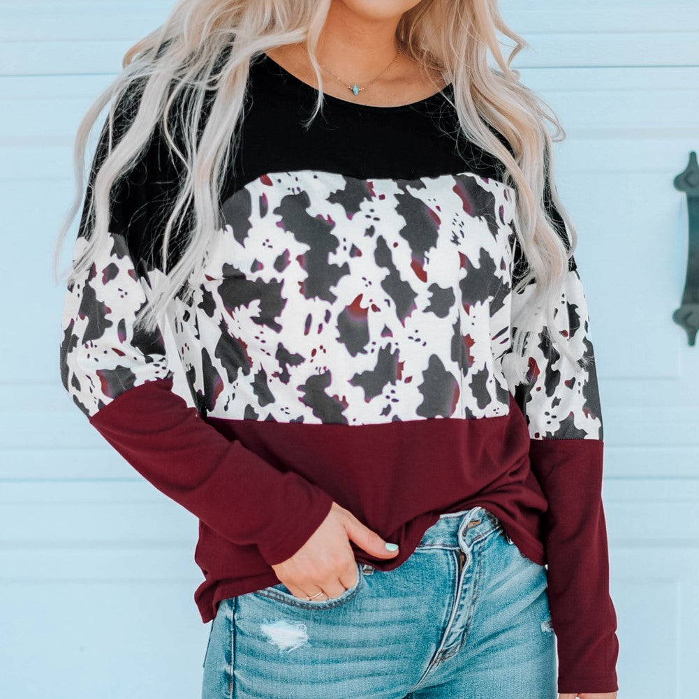 Cow Print Color Block Long Sleeve Blouse