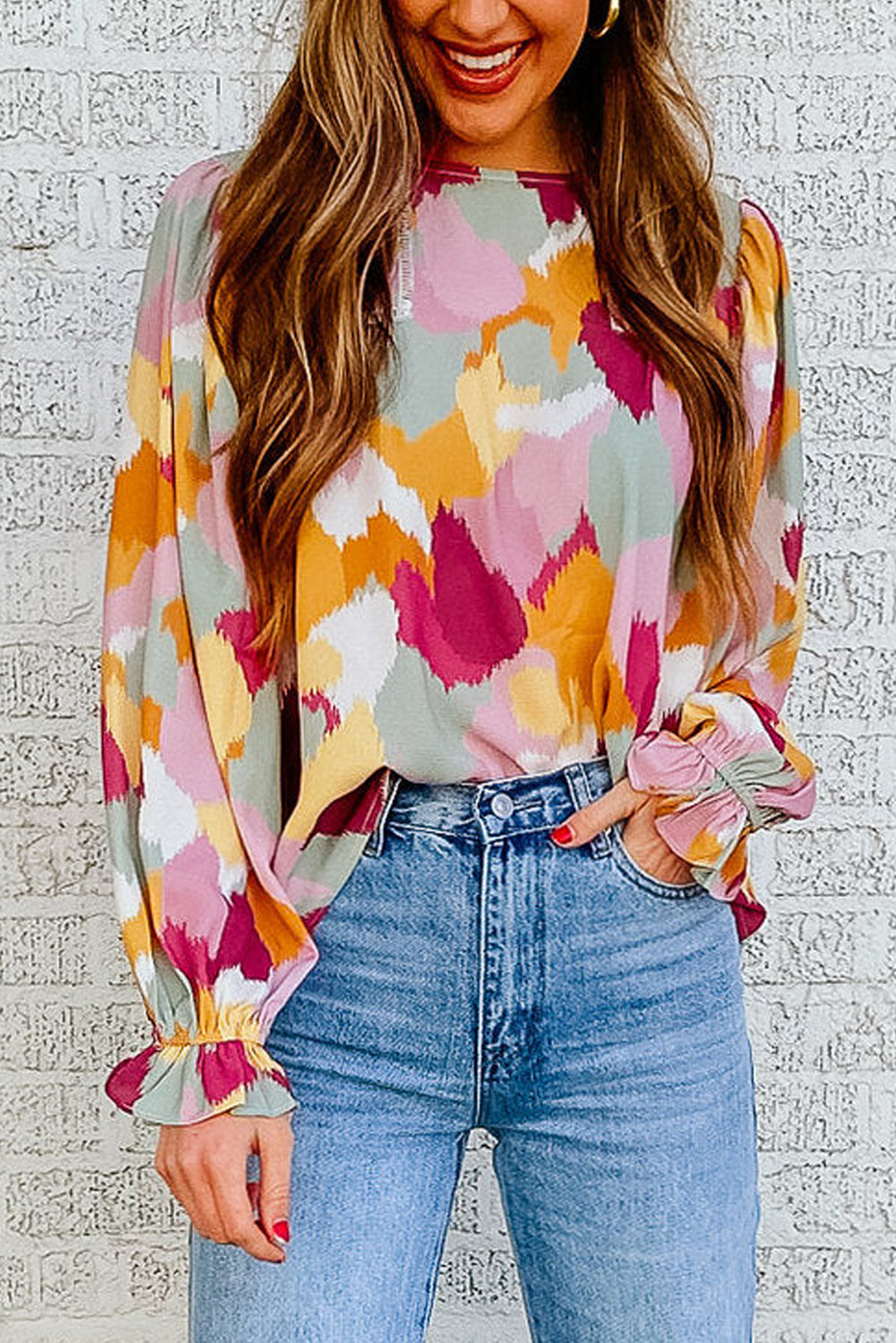 Abstract Color Block Printed Long Sleeve Blouse