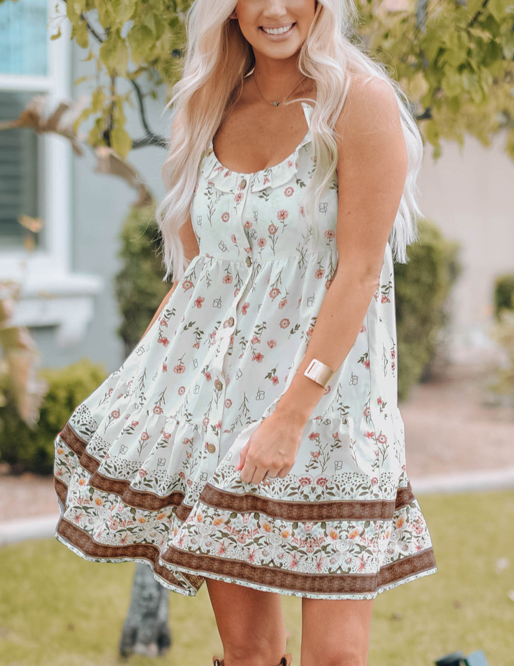 White Ruffled Neckline Floral Print Button Sundress