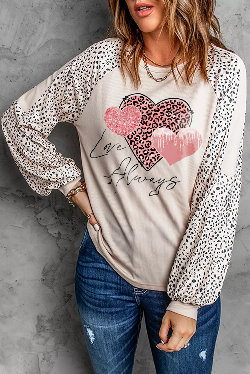 Khaki Love Always Heart Leopard Color Block Top