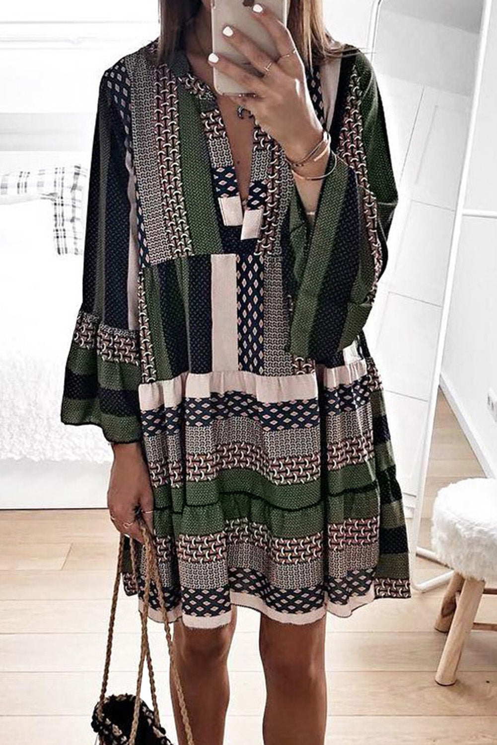 Geometric Print V neck Ruffle Swing Mini Dress