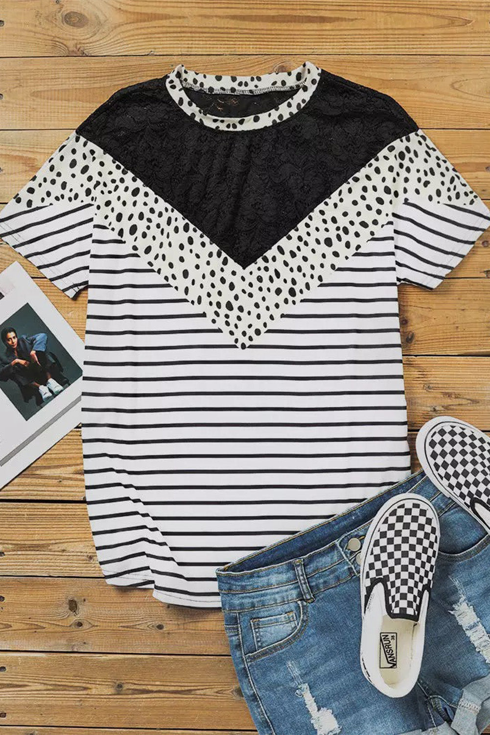 White Chevron Colorblock Lace Leopard Striped Print Short Sleeve Top
