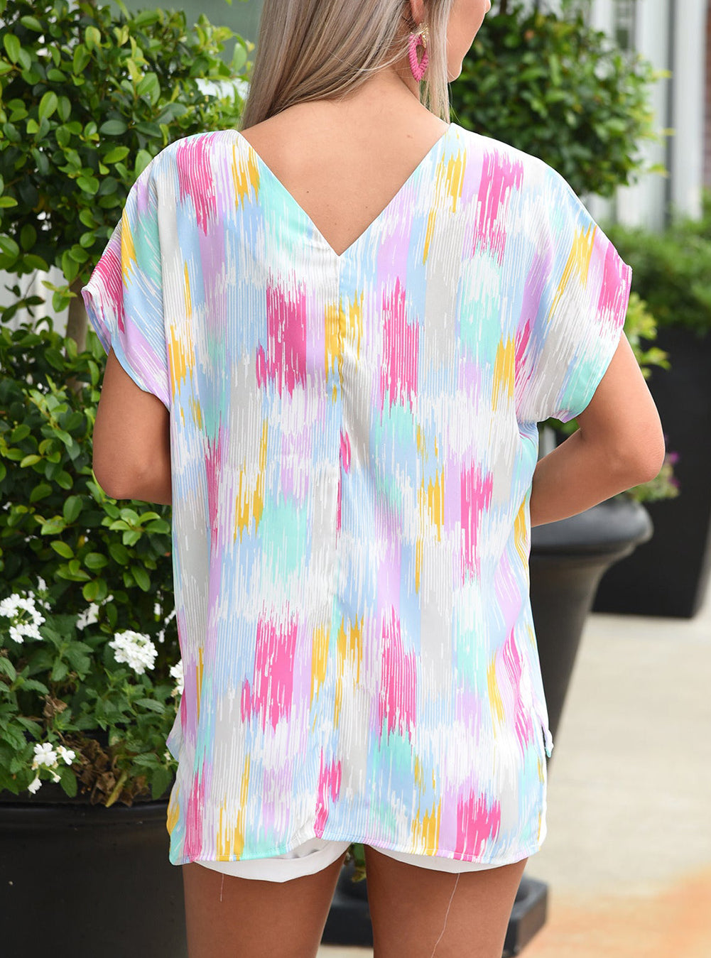 Multicolor Abstract Print V Neck Dolman Blouse