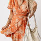 Orange Wrapped V Neck Flutter Sleeve Floral Dress with Ruffle