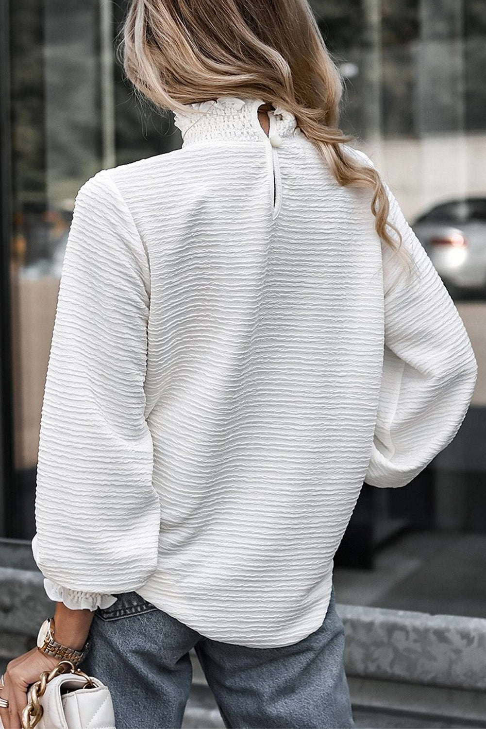 White Frilled Smocked Neck Textured Bishop Sleeve Blouse