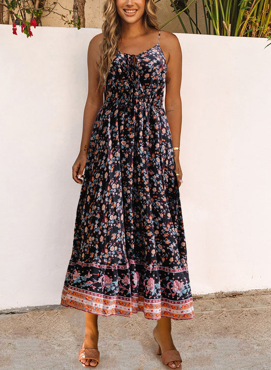 Lace-up Front High Waist Floral Maxi Dress