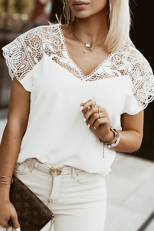 White Hollowed Lace Short Sleeve V Neck Blouse