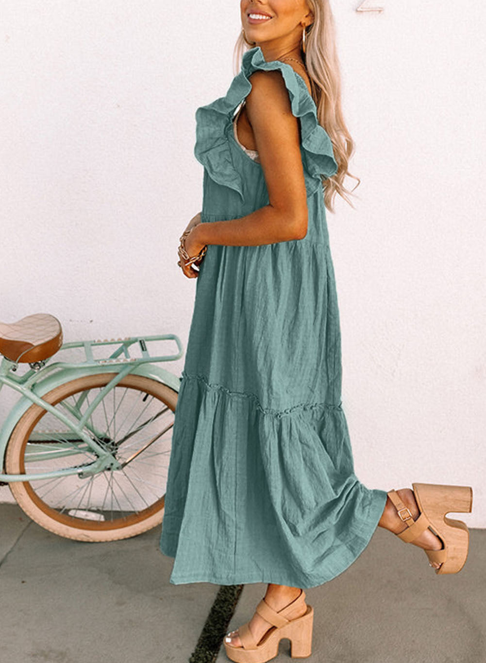 Green Smocked Neckline Flutter Sleeve Maxi Dress