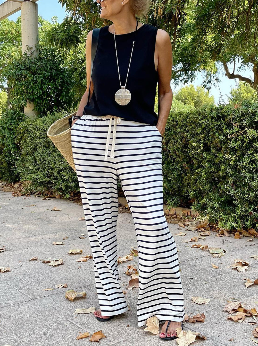 White Drawstring Striped Wide Leg Pants