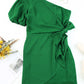 Green Asymmetric Bubble Sleeve Twist Knot Wrap Dress