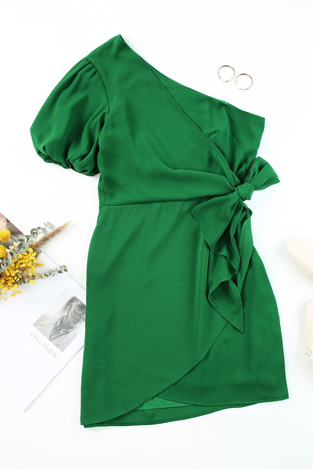 Green Asymmetric Bubble Sleeve Twist Knot Wrap Dress