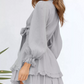Deep V Neck Lantern Sleeve Knotted Tiered Mini Dress