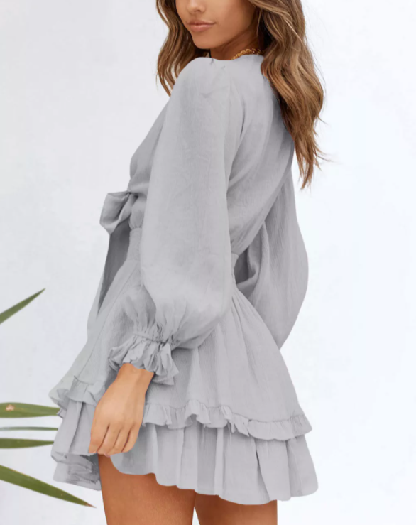 Deep V Neck Lantern Sleeve Knotted Tiered Mini Dress