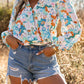 Sky Blue Floral Print Wrap Long Sleeve Bodysuit