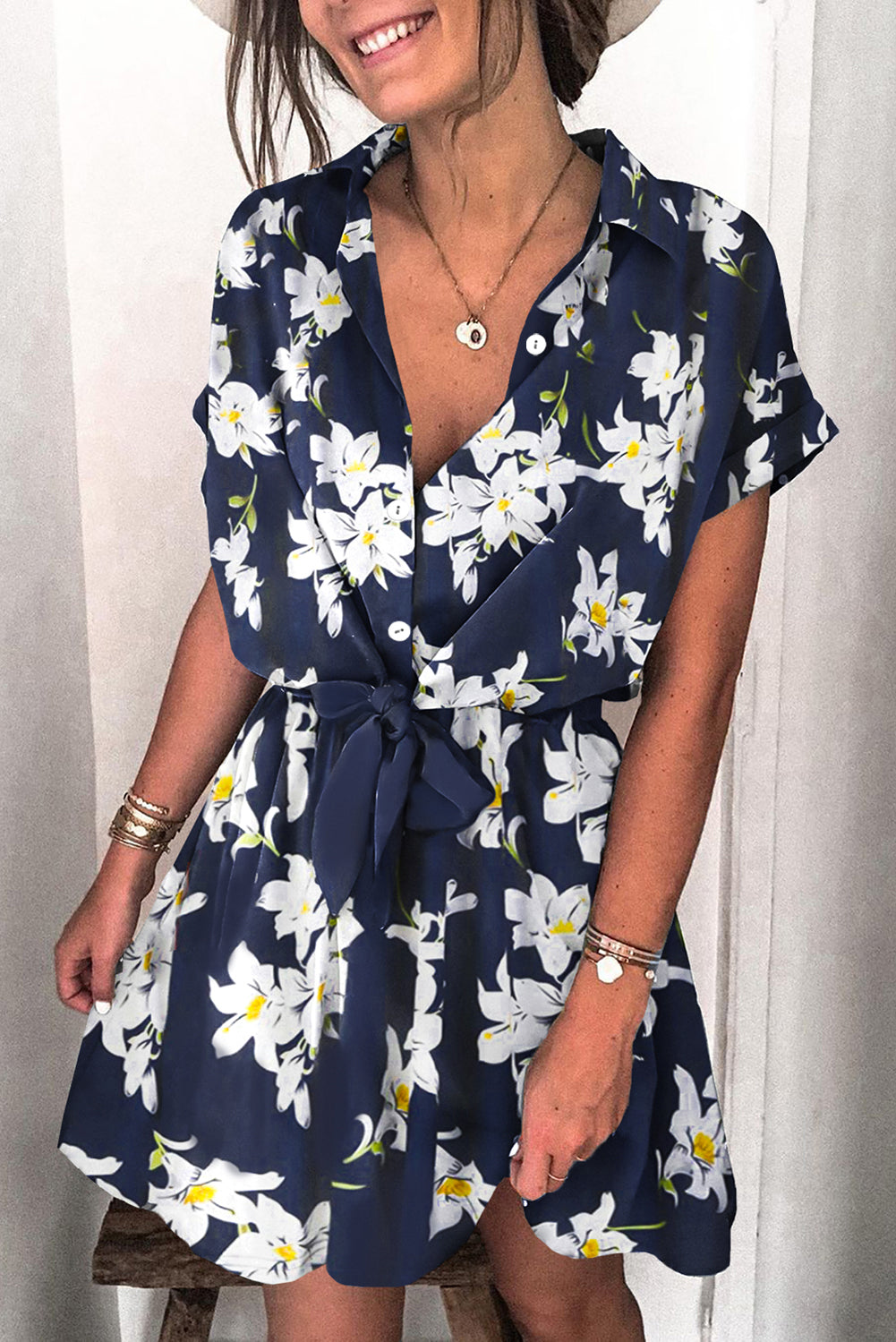 Dot Shirt Collar Short Sleeve Mini Dress