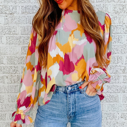 Abstract Color Block Printed Long Sleeve Blouse