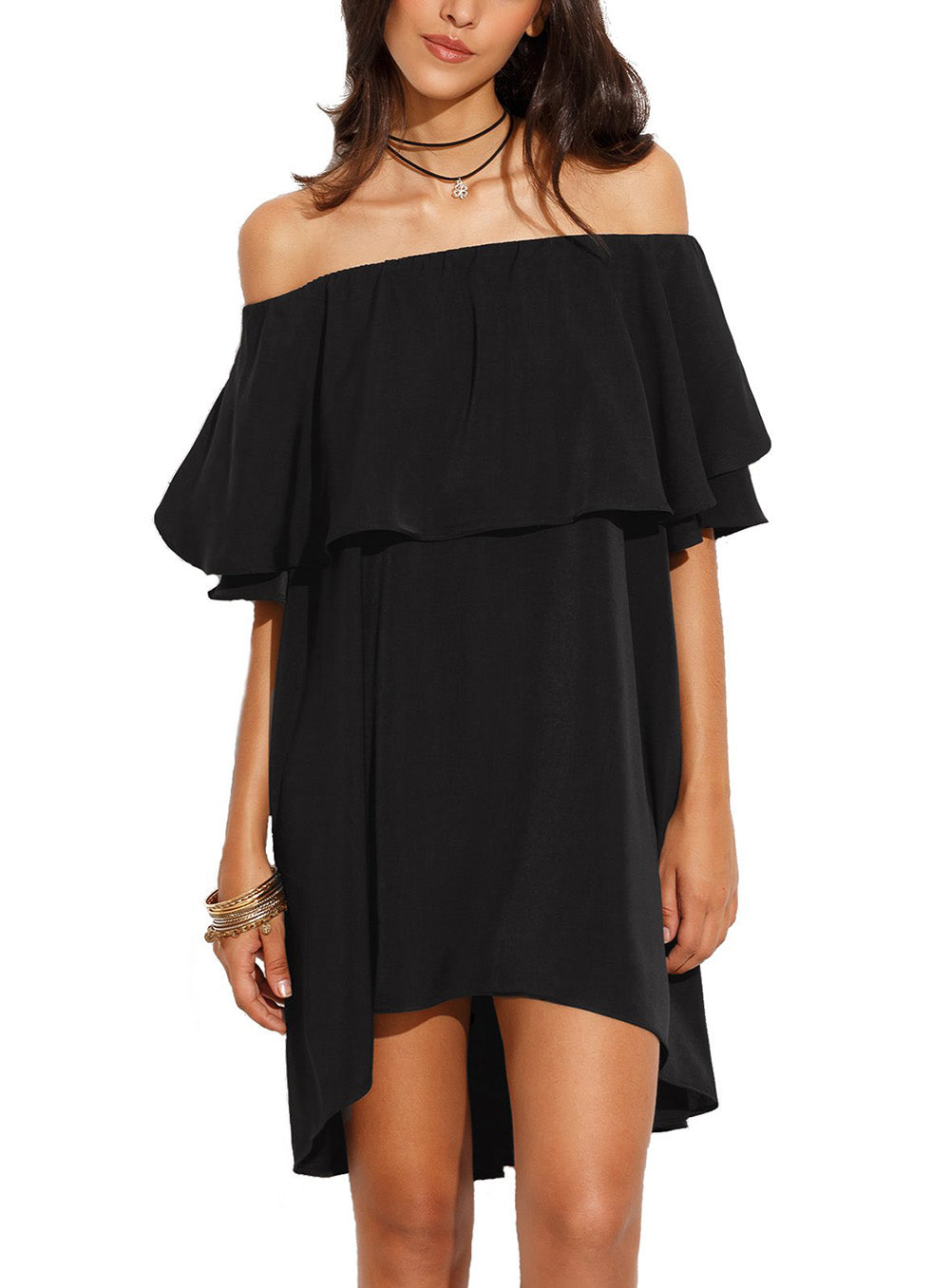 Black Off The Shoulder Ruffle Casual Shift Dress