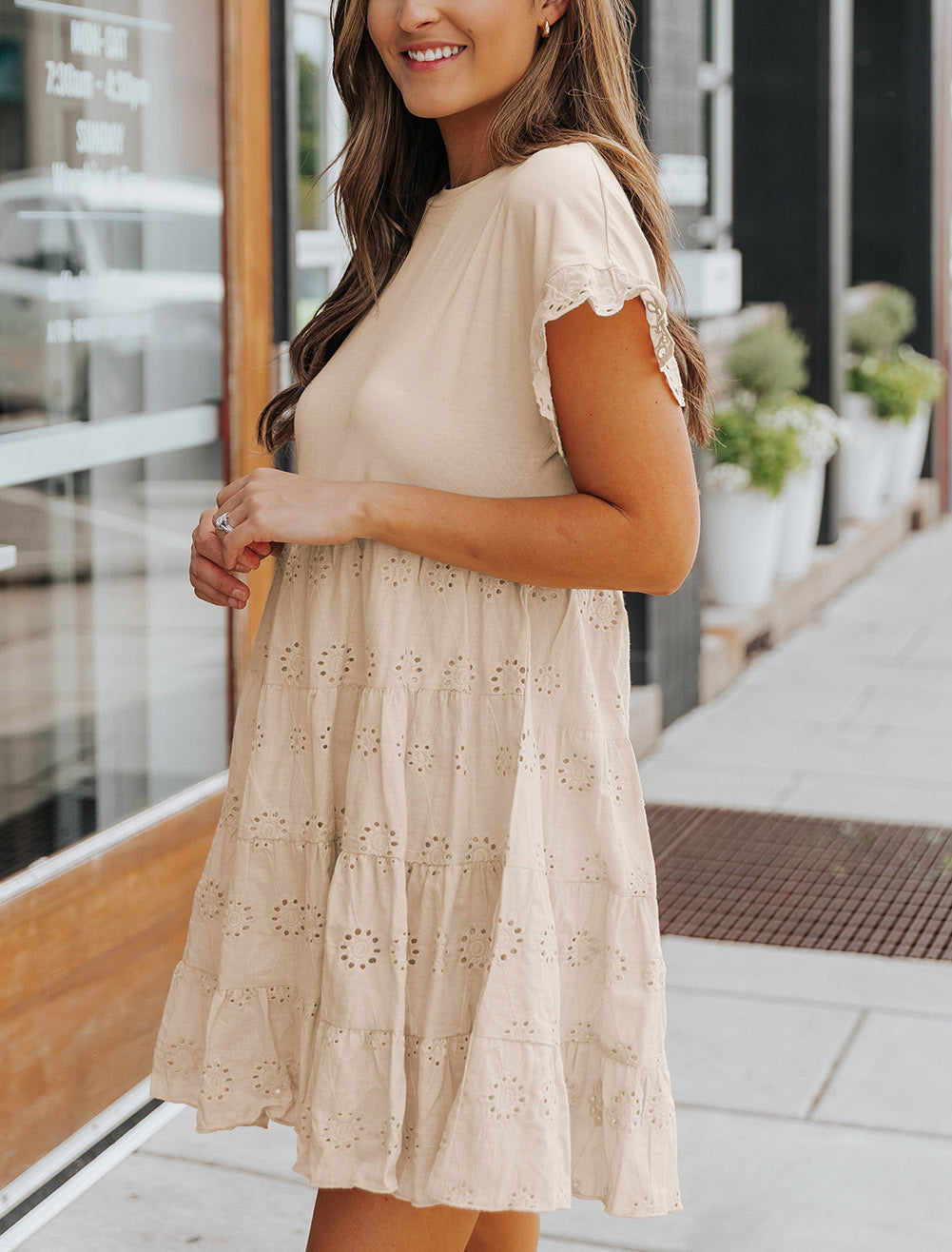 Khaki Eyelet Pattern Tiered Short Dress