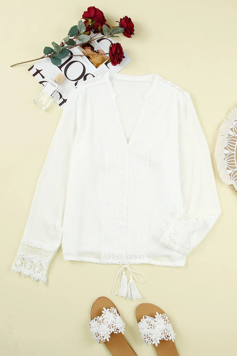 White Bohemian Crochet Detail V Neck Blouse
