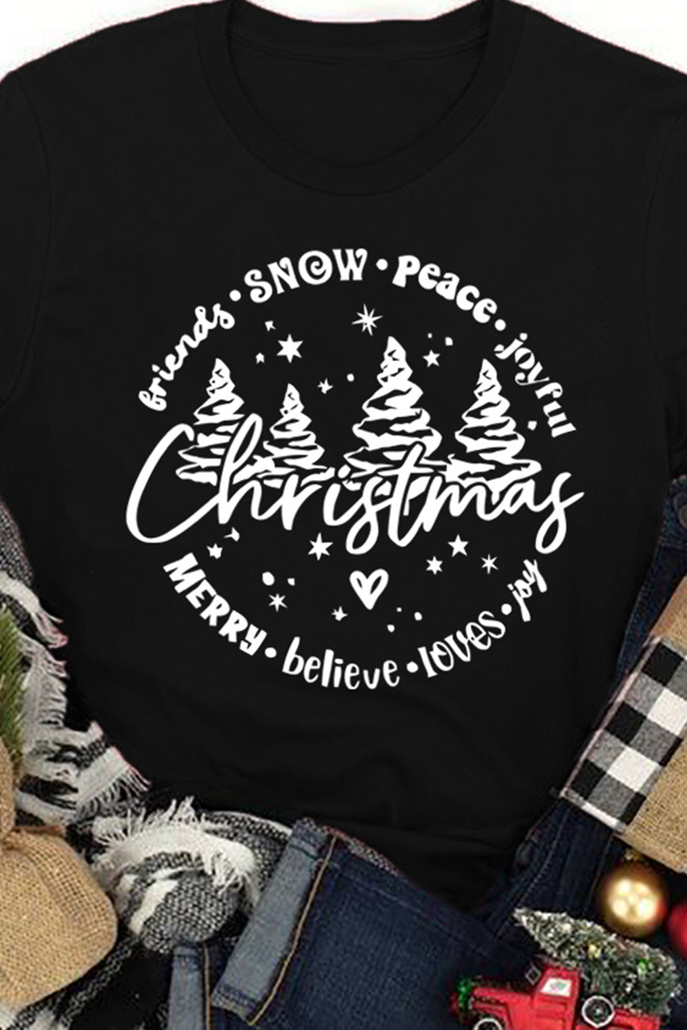 Black Christmas Tree Letter Graphic Print Crew Neck T Shirt