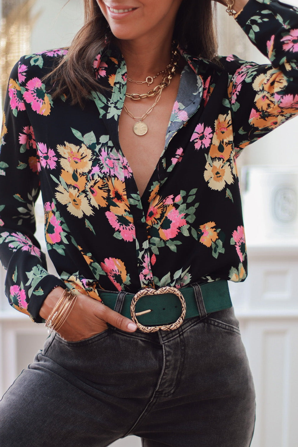 Black Floral Print Casual Long Sleeve Shirt
