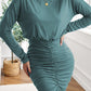 Crewneck Long Sleeve Shirred Split Bodycon Dress