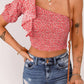 Pink Floral Print Shirred Ruffled One Shoulder Crop Top