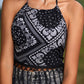 Black Paisley Print Fringe Trim Halter Tank Top