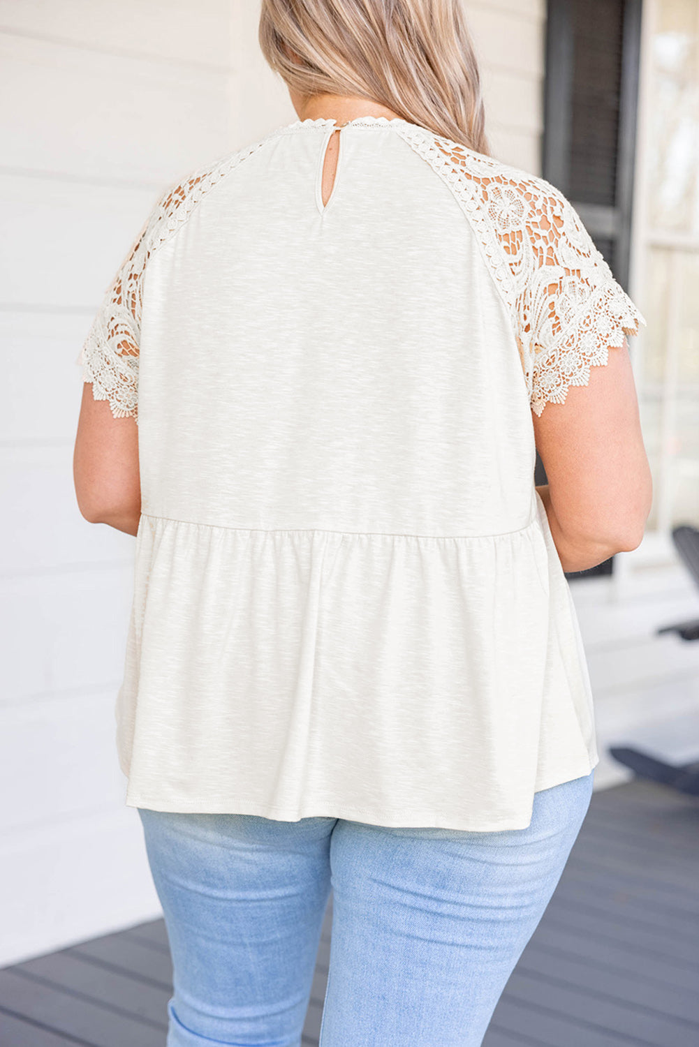 Apricot Hollowed Lace Sleeve Plus Size Tunic Top
