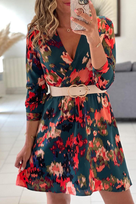 Abstract Print V Neck Puff Sleeve A-line Dress