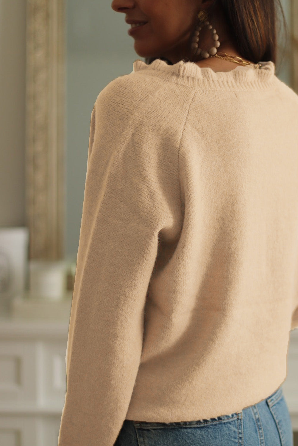 Khaki Frill Trim Buttoned Knit Pullover Sweater