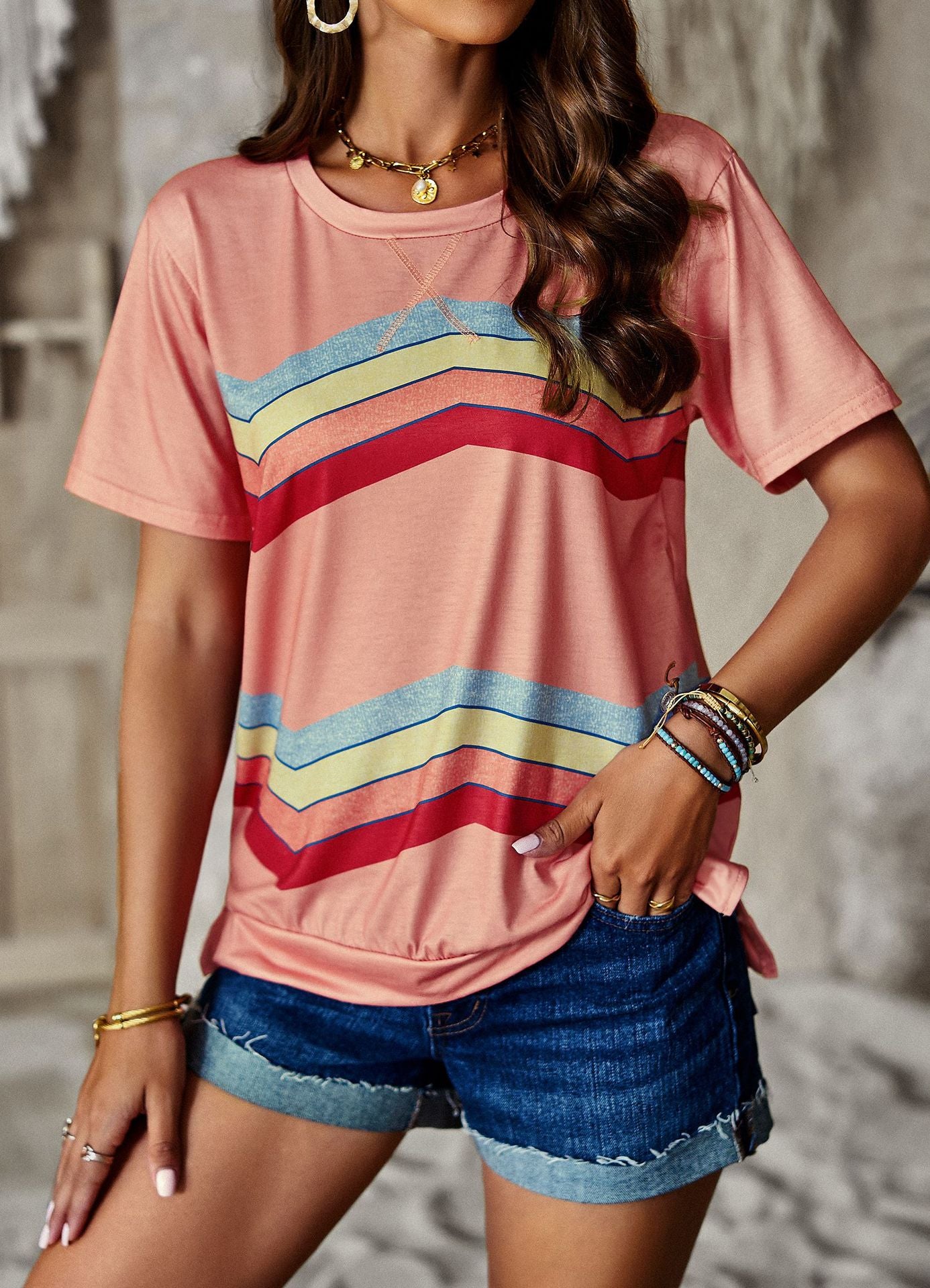 Crew Neck T-Shirt Rainbow Stripe Top