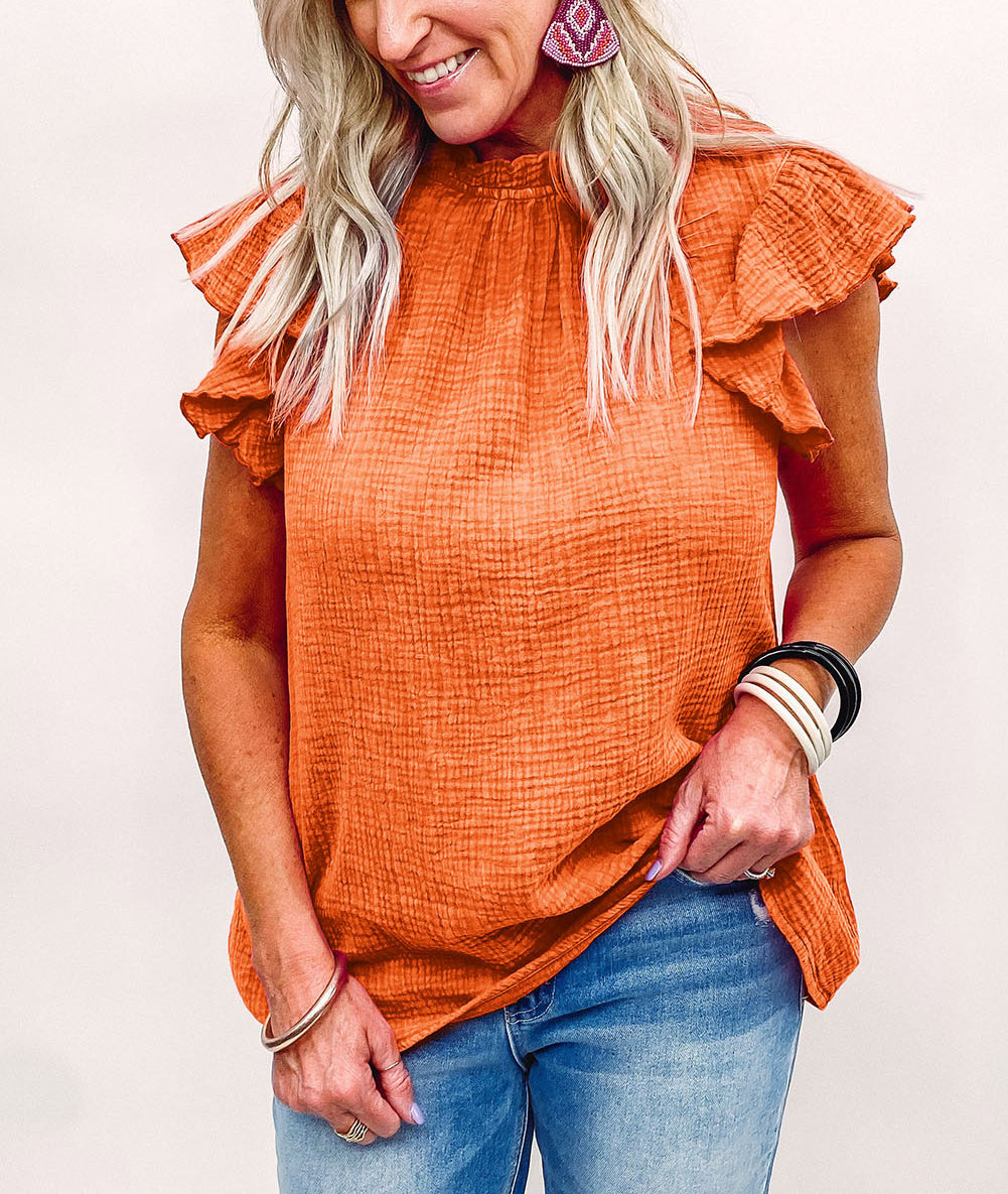 Flutter Sleeve Frilled Neck Textured Blouse