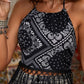 Black Paisley Print Fringe Trim Halter Tank Top