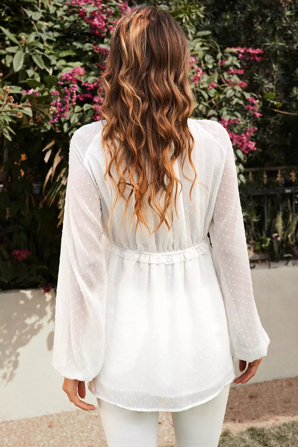 White Swiss Dot Smocked Ruffled V Neck Top