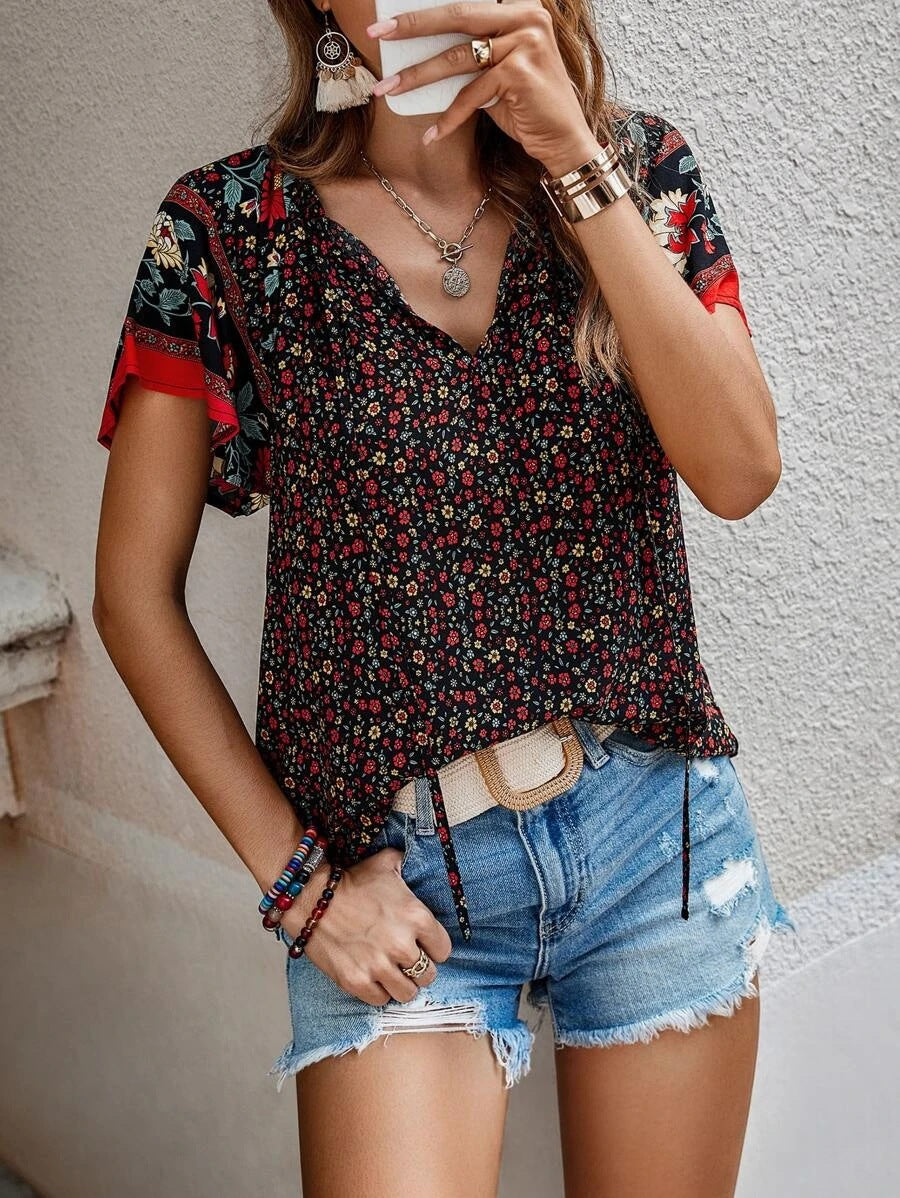 Bohemian style V-neck loose fitting blouse
