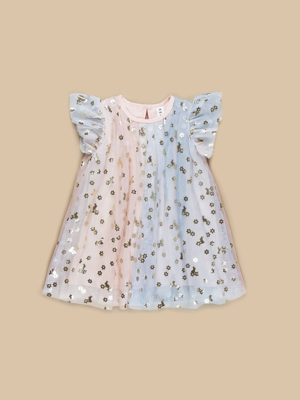 RAINBOW BUNNIES FLUTTER SLEEVE DRESS