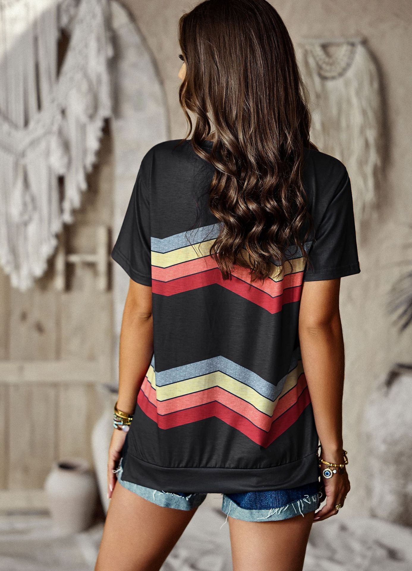 Crew Neck T-Shirt Rainbow Stripe Top