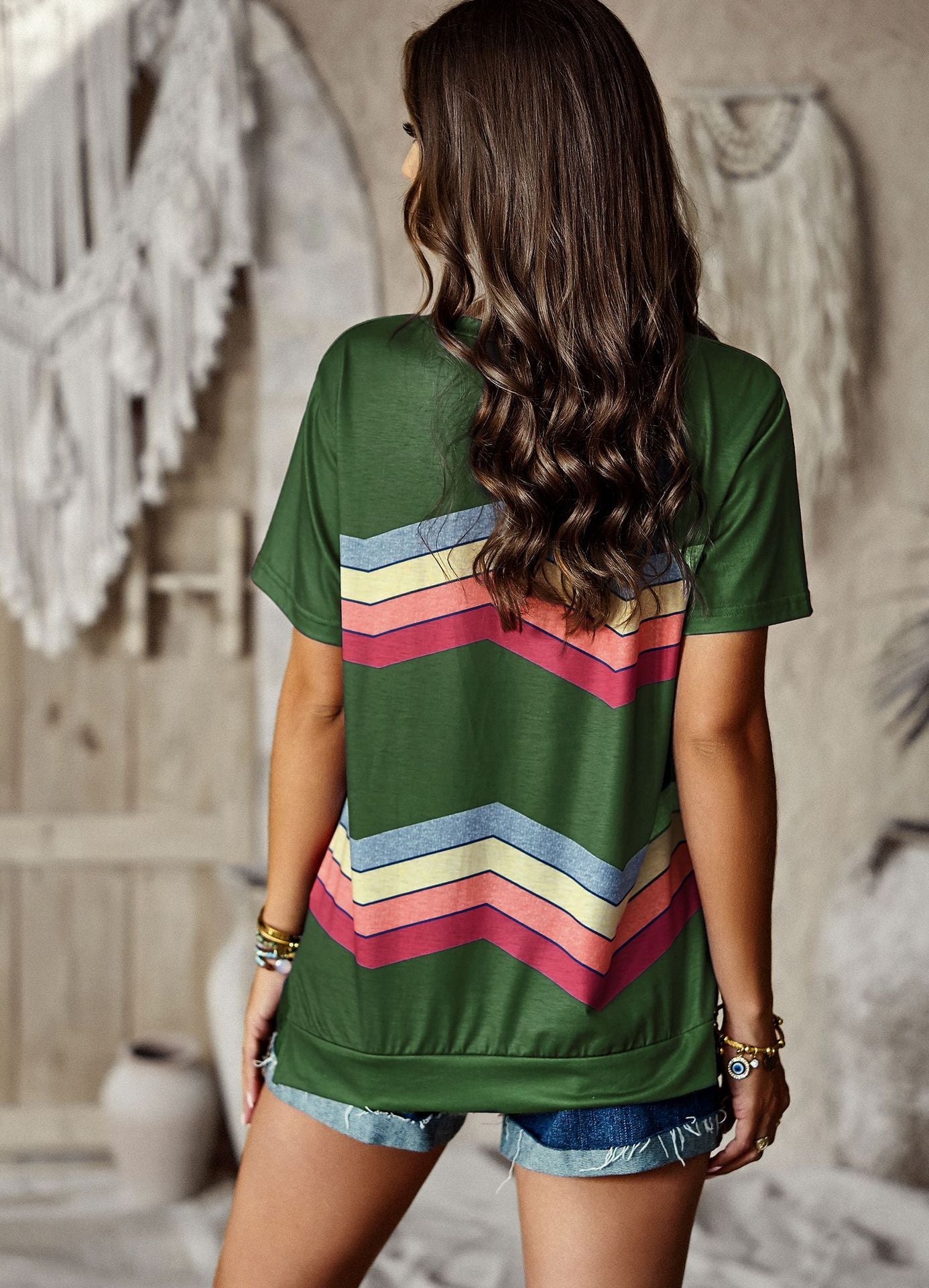 Crew Neck T-Shirt Rainbow Stripe Top